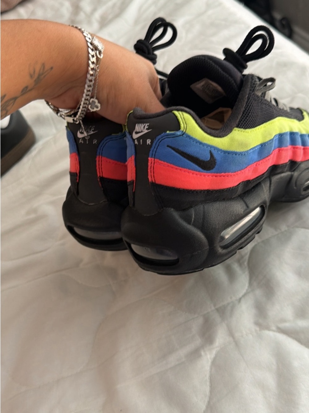 Nike Kids Air Max 95 Black with Neon Green Blue and Pink Accents - Picture 5 of 7